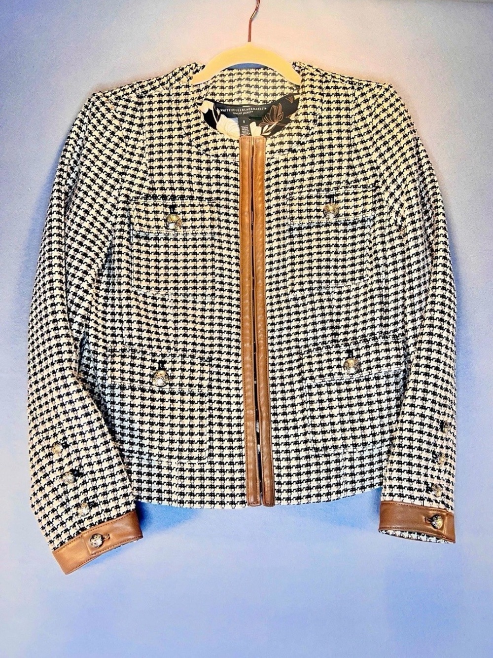 White House Black Market Brown Tan Tweed Houndstooth Stylist Jacket Size 8 Lined